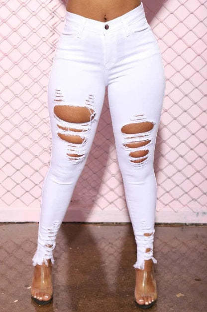 Mandotos denim pencil pants for women, slim long trousers with ripped holes and stretch feet, stylish and fitted denim jeans.
