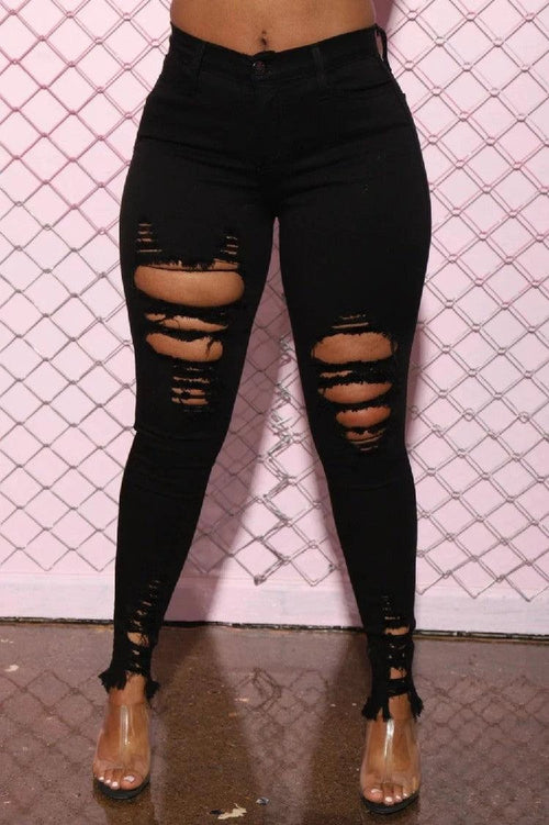 Mandotos denim pencil pants for women, slim long trousers with ripped holes and stretch fabric, featuring tapered feet and stylish fit.
