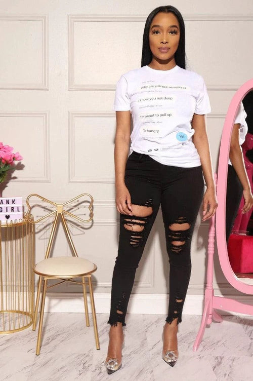 Mandotos denim pencil pants for women featuring slim fit, ripped holes, stretch fabric, long length, and tapered feet.
