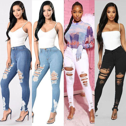 Mandotos denim pencil pants for women, slim long trousers with ripped holes and stretch feet, stylish and fitted denim jeans.