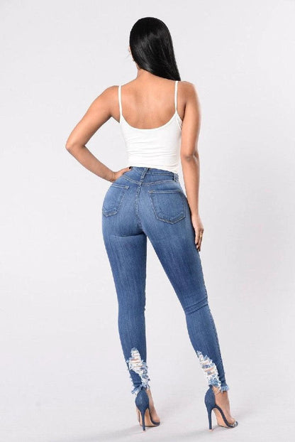 Mandotos denim pencil pants for women, slim long trousers with ripped holes and stretch feet, casual and stylish denim jeans.