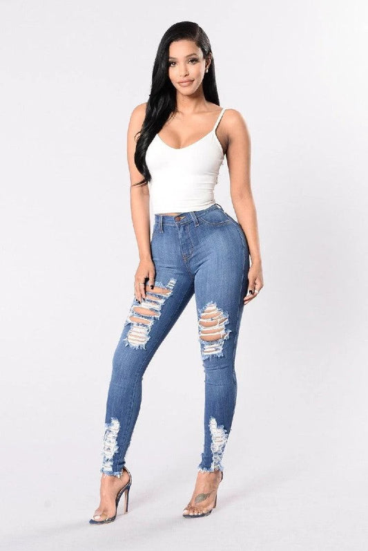 Mandotos denim pencil pants for women, slim fit long trousers with ripped holes and stretch feet, stylish and comfortable.