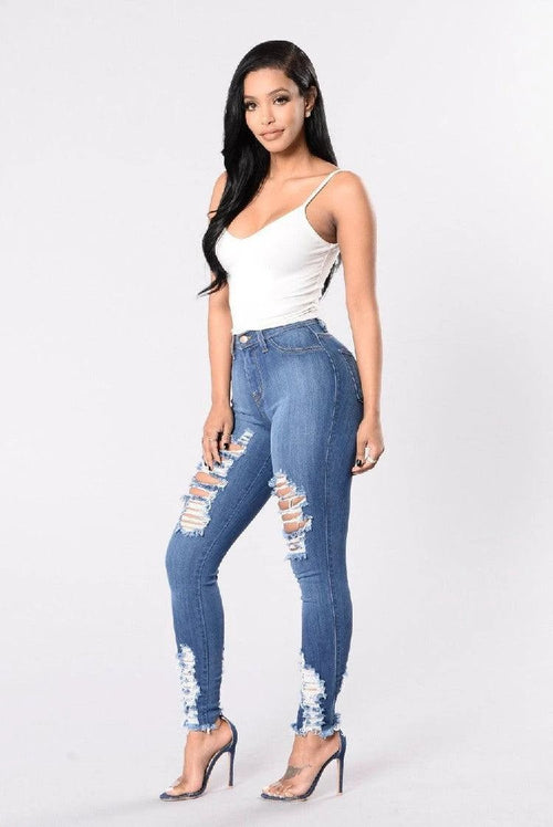 Mandotos denim pencil pants for women, slim fit long trousers with ripped holes and stretch fabric, stylish casual denim pants.