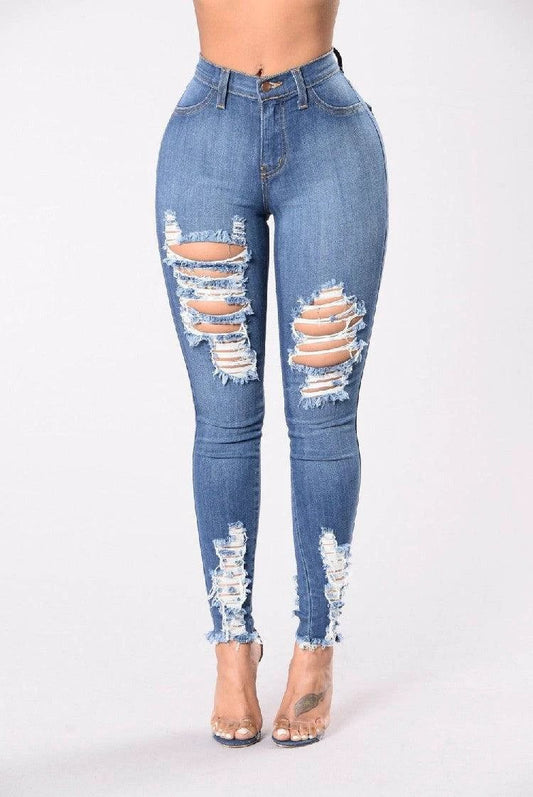 Mandotos denim pencil pants for women, slim fit, long style with ripped holes and stretch feet design.