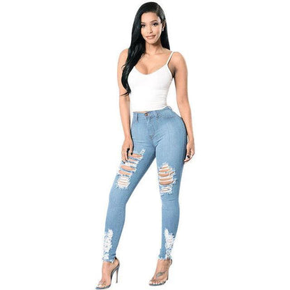 Mandotos denim pencil pants for women, slim long trousers with ripped holes and stretch fit, stylish and form-fitting.