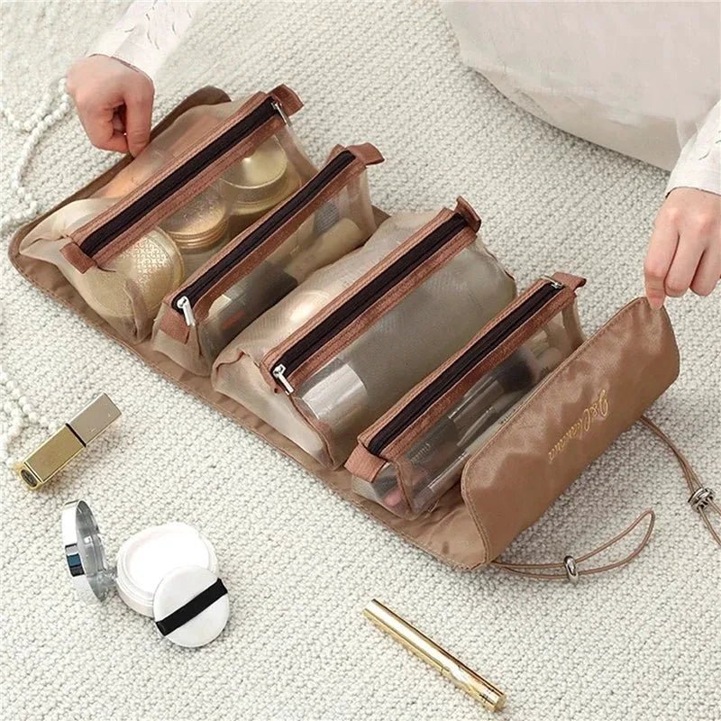 Mandotos 4-in-1 detachable cosmetic bag and travel organizer with multiple compartments for toiletries and makeup storage.