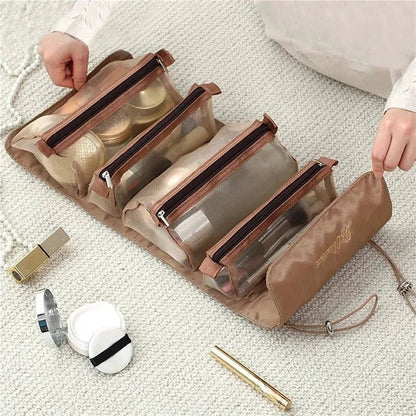 Mandotos 4-in-1 detachable cosmetic bag and travel organizer with multiple compartments for toiletries and makeup storage.