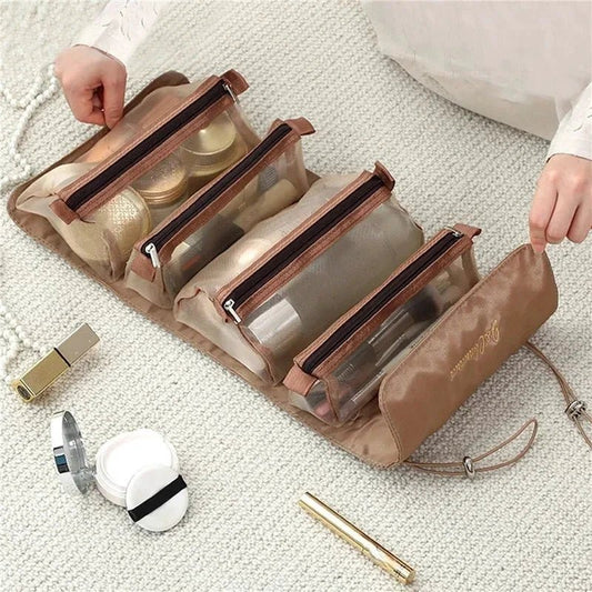 Mandotos 4-in-1 detachable cosmetic bag and travel organizer with multiple compartments for toiletries and makeup storage.