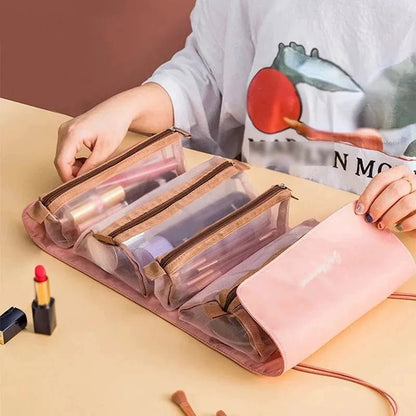 Mandotos 4-in-1 detachable cosmetic bag and travel organizer with multiple compartments and sleek design.