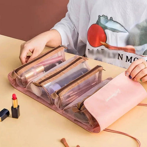 Mandotos 4-in-1 detachable cosmetic bag and travel organizer with multiple compartments and sleek design.