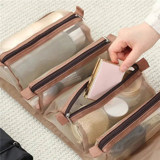 Mandotos 4-in-1 detachable cosmetic bag and travel organizer with multiple compartments for makeup and toiletries.