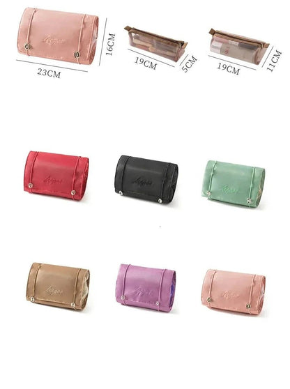 Mandotos 4-in-1 detachable cosmetic bag and travel organizer with multiple compartments for makeup and toiletries.