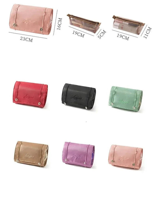Mandotos 4-in-1 detachable cosmetic bag and travel organizer with multiple compartments for makeup and toiletries.