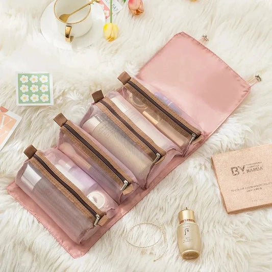 Mandotos 4-in-1 detachable cosmetic bag and travel organizer with multiple compartments for toiletries and makeup storage.