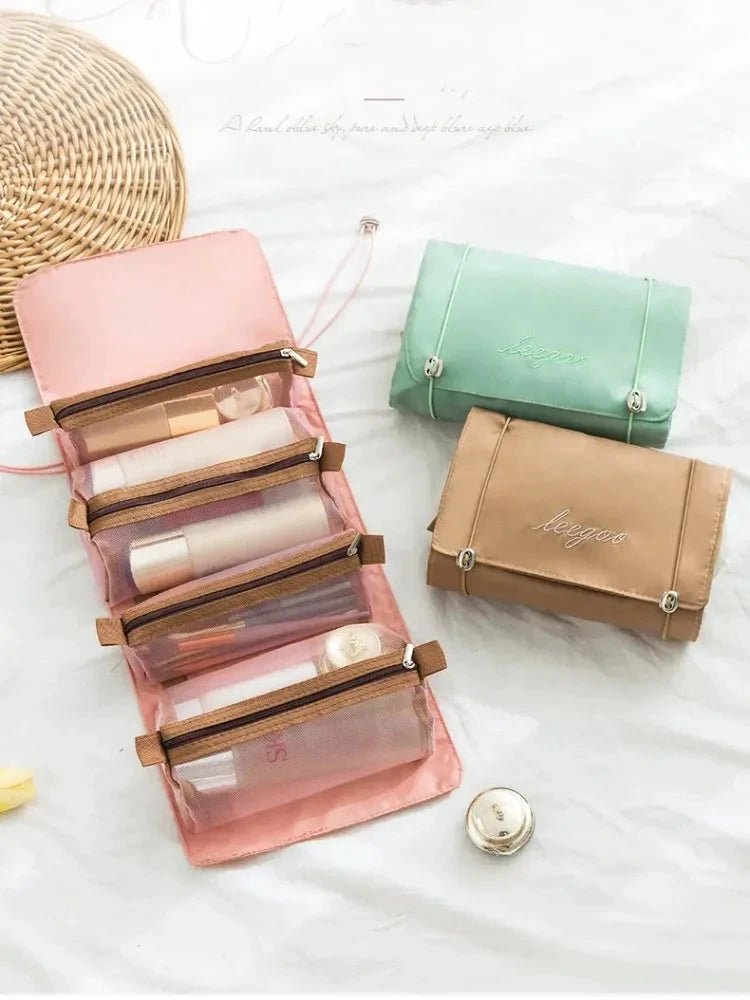 Mandotos 4-in-1 travel organizer and detachable cosmetic bag with multiple compartments for beauty essentials.
