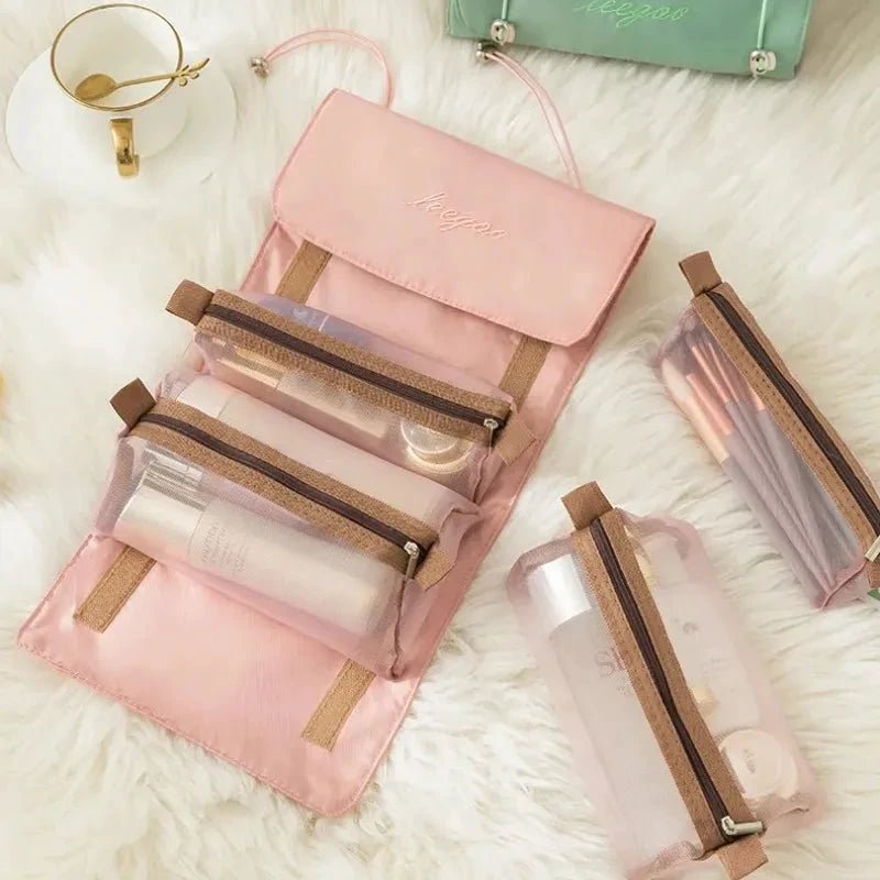 Mandotos 4-in-1 detachable cosmetic bag and travel organizer with multiple compartments, compact and lightweight for travel convenience.