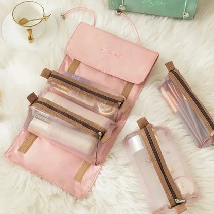 Mandotos 4-in-1 detachable cosmetic bag and travel organizer with multiple compartments, compact and lightweight for travel convenience.