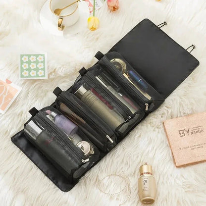 Mandotos 4-in-1 detachable cosmetic bag and travel organizer with multiple compartments and sleek design for on-the-go makeup storage.