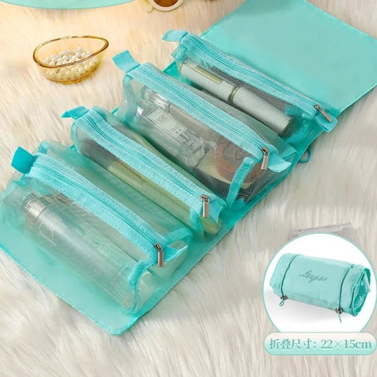 Mandotos 4-in-1 Detachable Cosmetic Bag and Travel Organizer with multiple compartments for toiletries and makeup storage.