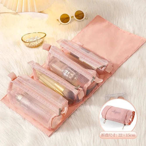 Mandotos 4-in-1 detachable cosmetic bag and travel organizer with multiple compartments for toiletries and makeup storage.