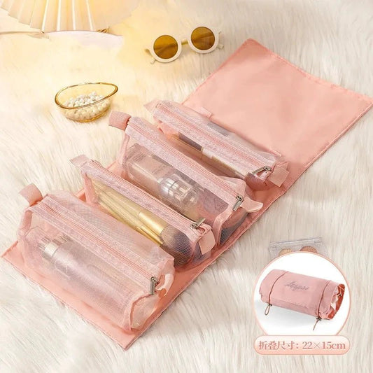 Mandotos 4-in-1 detachable cosmetic bag and travel organizer with multiple compartments for toiletries and makeup storage.