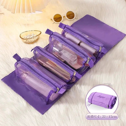Mandotos 4-in-1 detachable cosmetic bag and travel organizer with multiple compartments for toiletries and makeup.