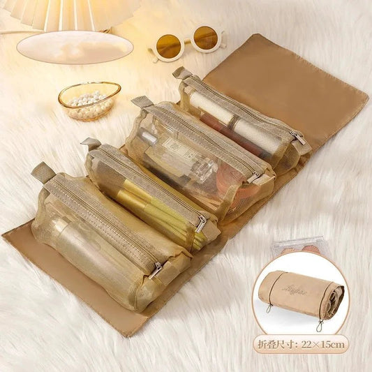 Mandotos 4-in-1 detachable cosmetic bag and travel organizer with multiple compartments for toiletries and makeup storage.