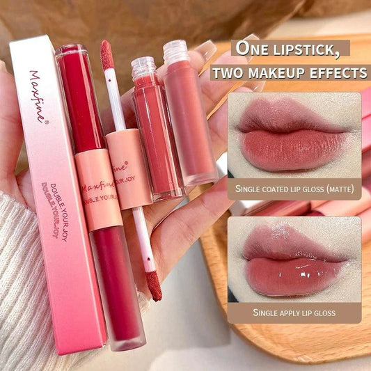 Mandotos double-ended lip glaze with glossy mirror finish and matte velvet texture, long-lasting color, moisture, and anti-stain formula.