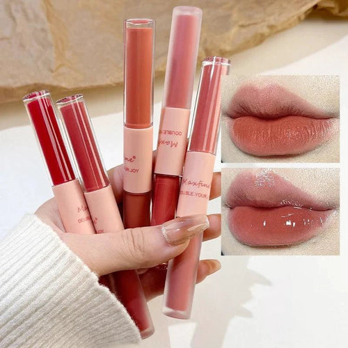 Mandotos double-end lip gloss with mirror and matte velvet finish, offering long-lasting color, moisture, and anti-stain cosmetic lip gloss