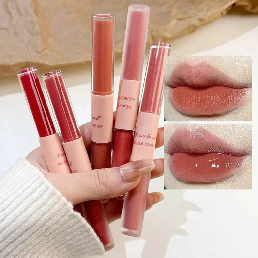 Mandotos double-end lip gloss with mirror and matte velvet finish, offering long-lasting color, moisture, and anti-stain cosmetic lip gloss