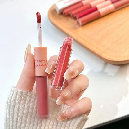 Mandotos double-end lip glaze with glossy mirror finish and matte velvet texture, long-lasting color, moisture, and anti-stain formula.