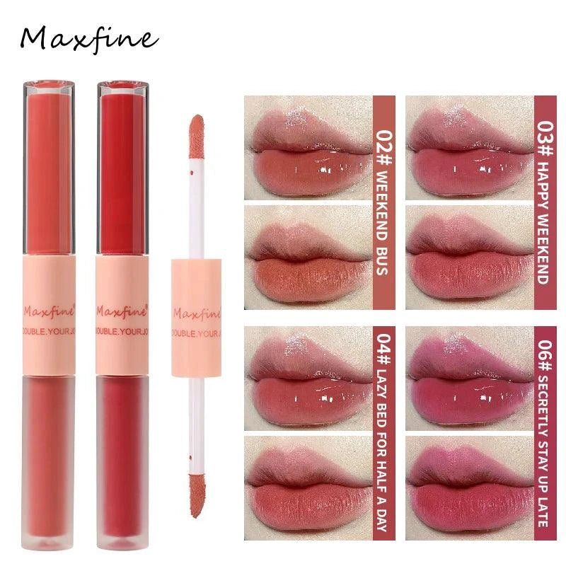 Mandotos double-end lip gloss with mirror finish and matte velvet texture, featuring long-lasting color and moisture for lips.
