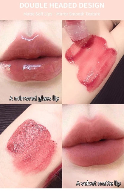 Mandotos double-end lip glaze with mirror gloss and matte velvet finish, long-lasting color, moisture, and anti-stain cosmetic lip gloss.