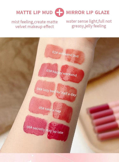 MANDOTOS double-ended lip gloss with mirror finish and matte velvet side, providing long-lasting color and moisture for lips.