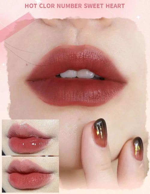 MANDOTOS double-end lip glaze with shiny mirror finish and matte velvet texture, offering long-lasting color and moisture for lips.