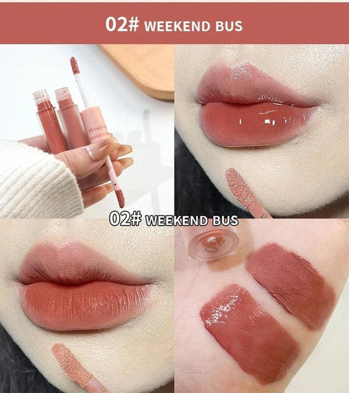 Mandotos double-end lip glaze with glossy mirror finish and matte velvet side, long-lasting color, moisture, and anti-stain cosmetic lip gloss
