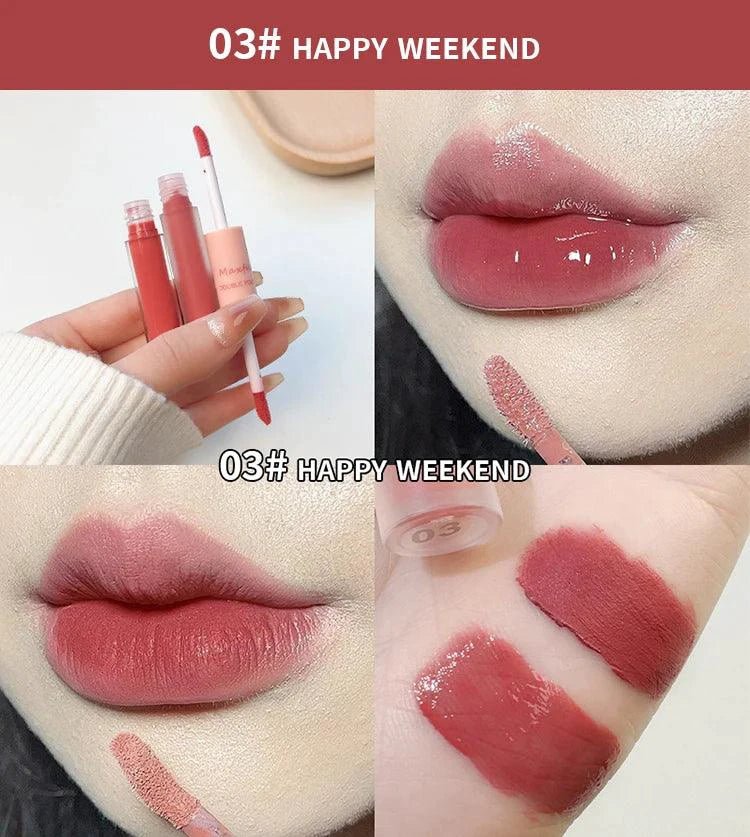 Mandotos double-end lip glaze with glossy mirror finish and matte velvet texture, featuring long-lasting color and moisture for lips.