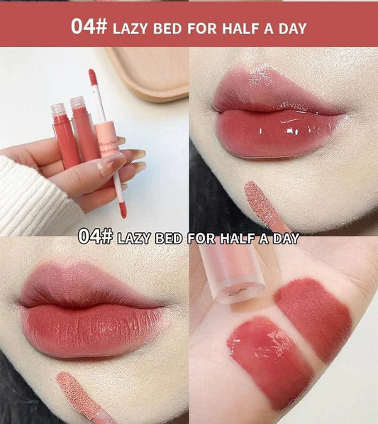 Mandotos double-end lip glaze with glossy mirror finish and matte velvet texture, long-lasting color, and moisturizing formula.