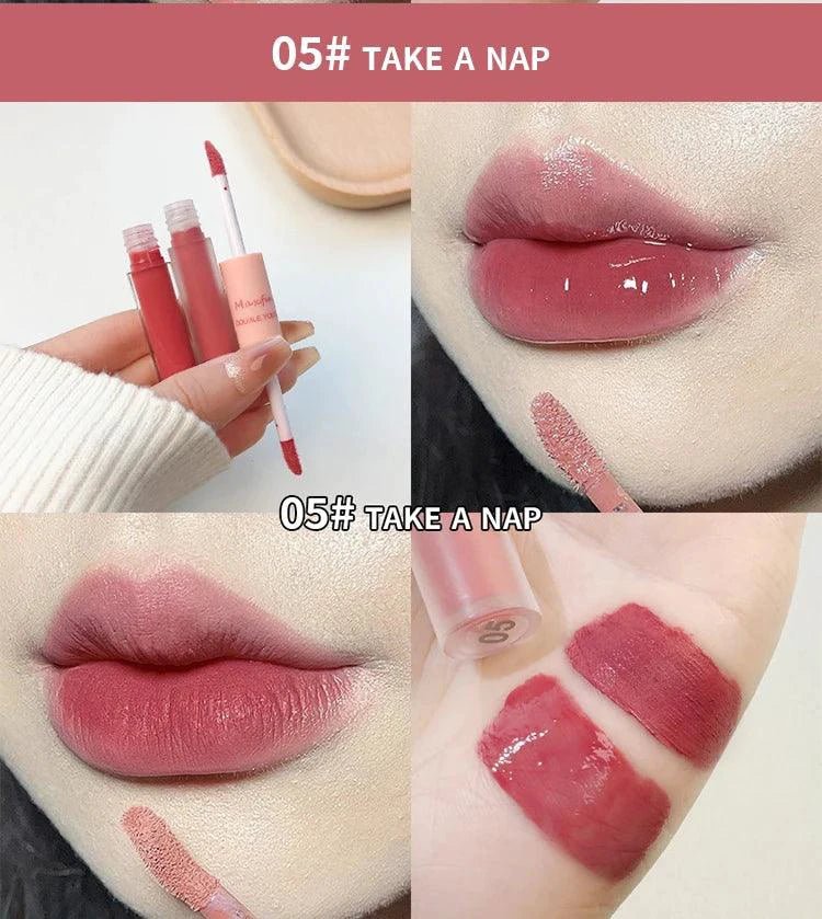 Mandotos Double End Lip Glaze with glossy mirror finish and matte velvet texture, featuring long-lasting color and moisturizing formula.