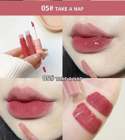 Mandotos Double End Lip Glaze with glossy mirror finish and matte velvet texture, featuring long-lasting color and moisturizing formula.
