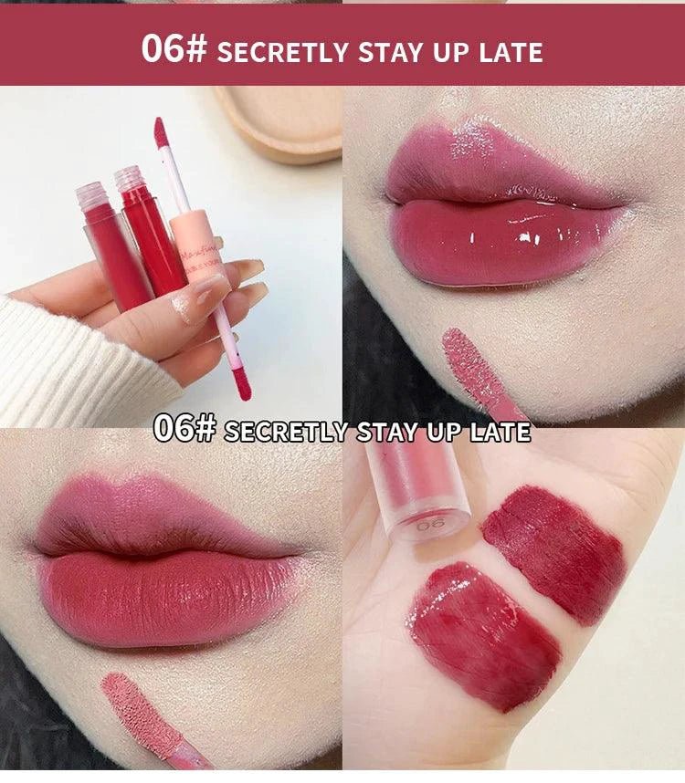 Mandotos double-end lip glaze with glossy mirror finish and matte velvet side, long-lasting color, moisture, and anti-stain cosmetic lip gloss