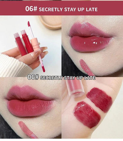 Mandotos double-end lip glaze with glossy mirror finish and matte velvet side, long-lasting color, moisture, and anti-stain cosmetic lip gloss