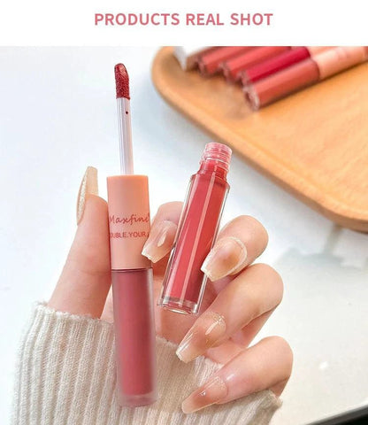 Mandotos double-ended lip glaze with glossy mirror finish and matte velvet side, providing long-lasting color and moisture for lips.