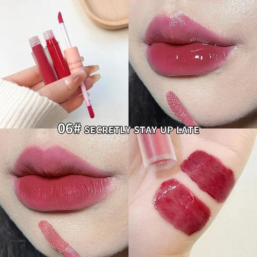 Mandotos double-end lip gloss with full gloss mirror finish, matte velvet texture, long-lasting color, and moisture for lips.