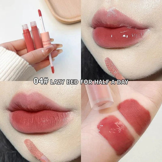 Mandotos double-ended lip gloss with mirror finish and matte velvet texture, featuring long-lasting color and moisture for lips.
