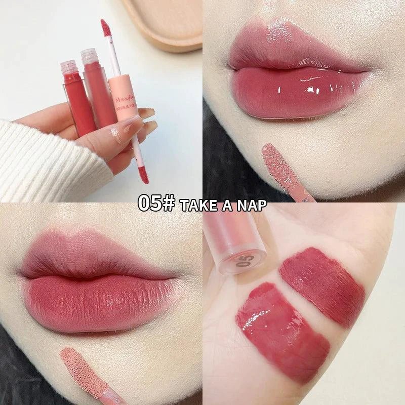Mandotos double-end lip glaze with glossy mirror finish and matte velvet texture, provides long-lasting color and moisture.