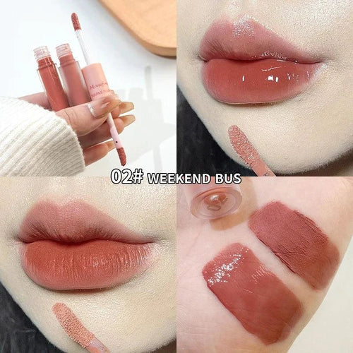 Mandotos double-end lip gloss with shiny mirror and matte velvet finish, long-lasting color, moisture, and anti-stain properties.