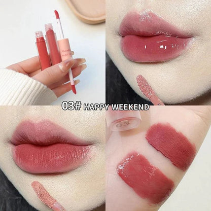 Mandotos double-ended lip glaze with glossy mirror and matte velvet finishes, long-lasting color, moisture, and anti-stain formula.