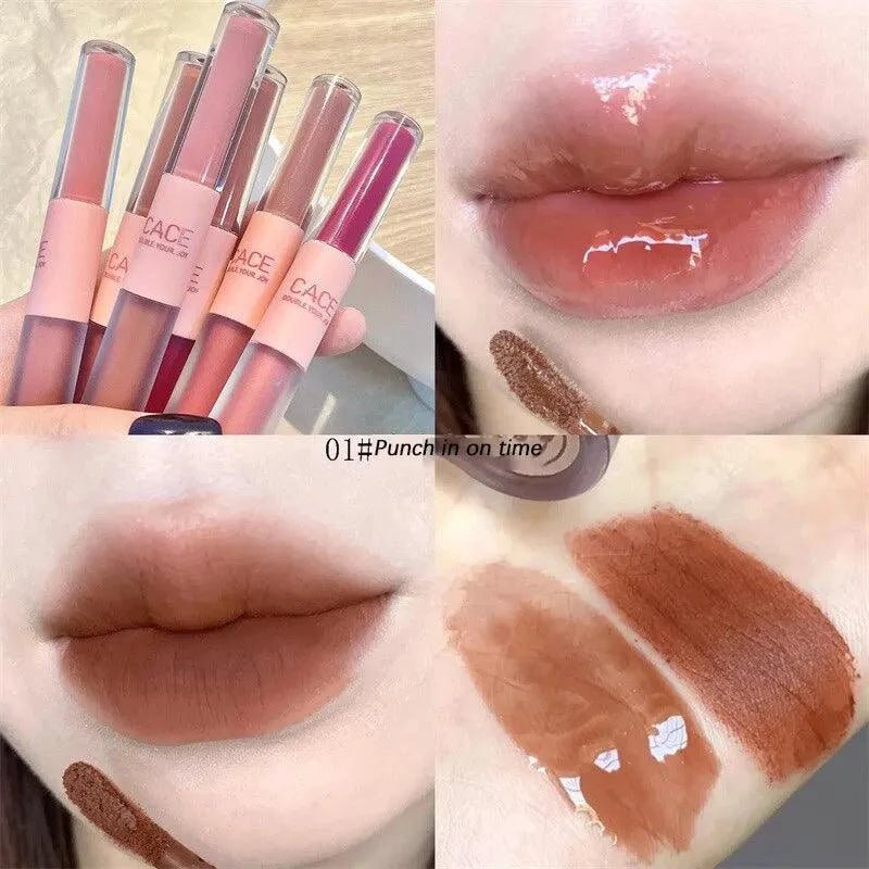 Mandotos double-end lip glaze with glossy mirror finish and matte velvet texture, featuring long-lasting color and moisture.
