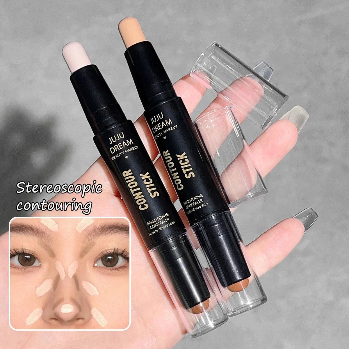 Mandotos double-ended highlighter and contour stick for nose shaping, facial brightening, and facial contour trimming.